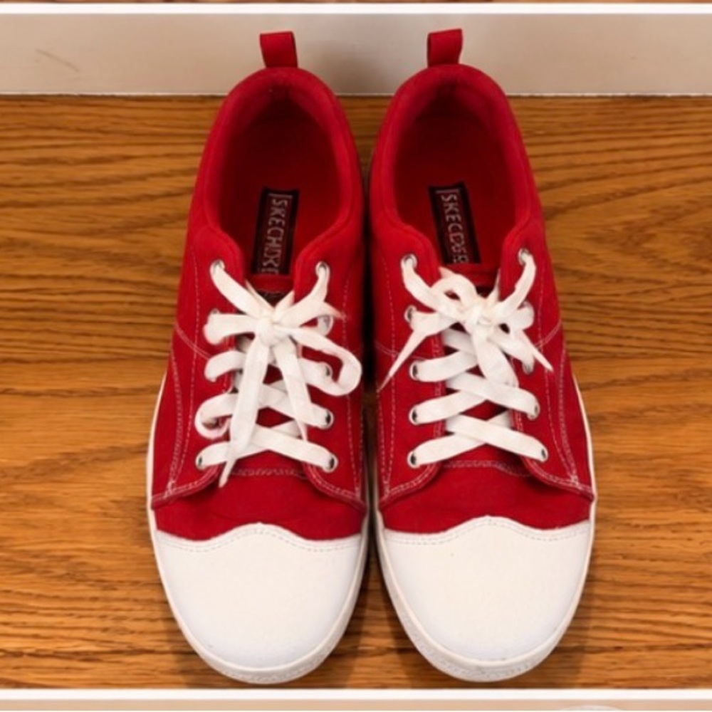 Skechers Red and White Low-Top Canvas Sneakers